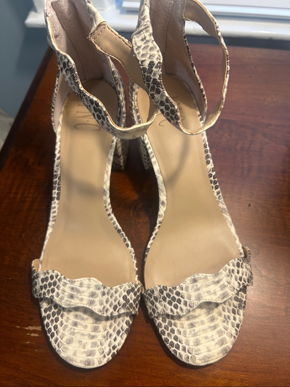 INC International Concepts Snake-Print Ankle Strap Block Heels in White and Gray